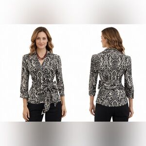 Ann Taylor Classic Black & White Paisley Print Wrap Blouse Long Sleeve Size 4